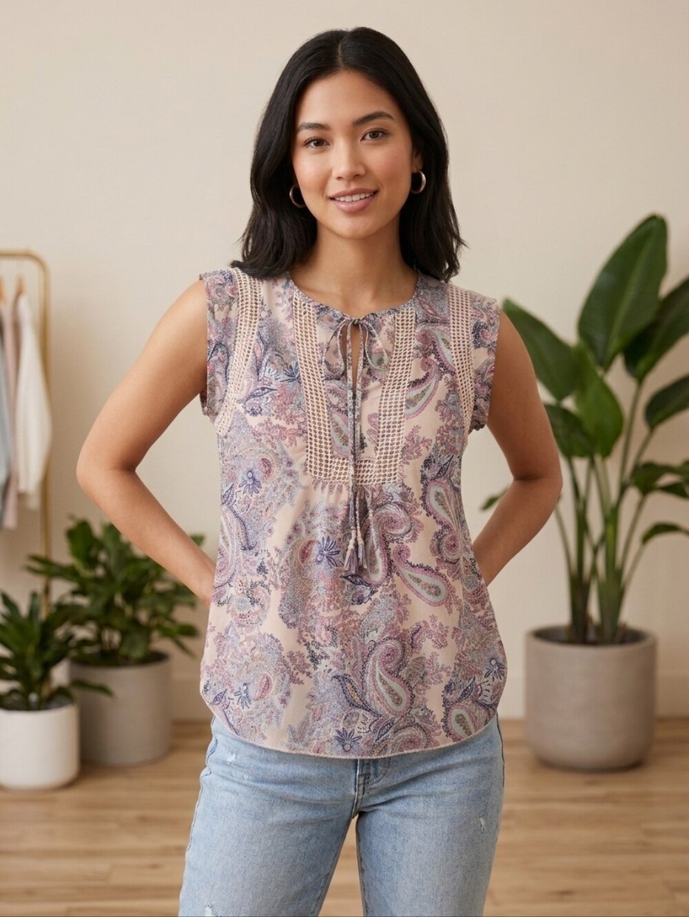 Daniel Rainn Paisley Crochet-Trim Sleeveless Top - Beige Pink